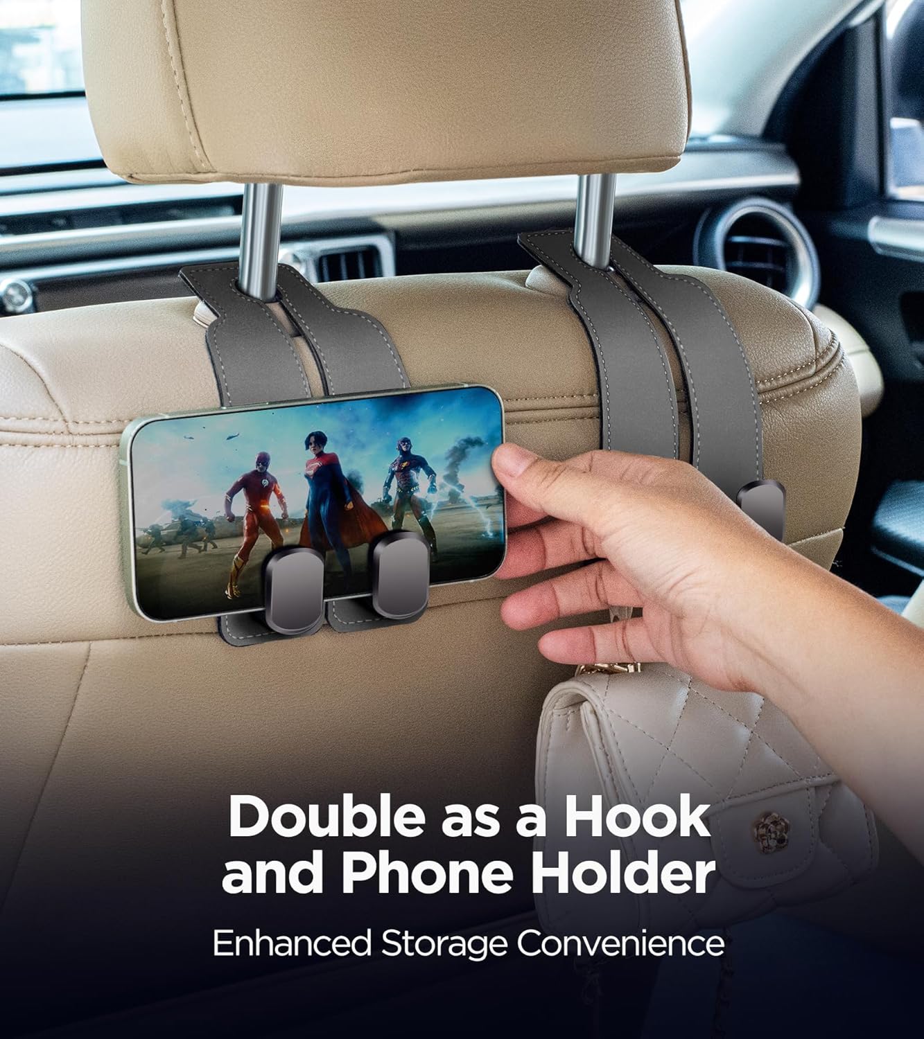 2-in-1 Premium Leather Car Headrest Hanger with Metal Hooks (1 Pair)