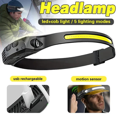 Rechargeable Headlamp with New 1200mAh Battery, 230° Wide-Angle LED and Motion Sensor, Ideal for Running, Fishing, Cycling, Camping, and Repairing