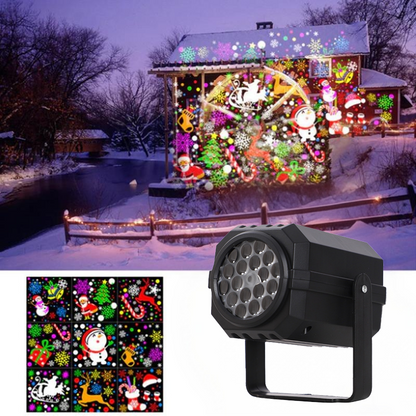 Rotating projector with LED lights creates a Christmas effect.