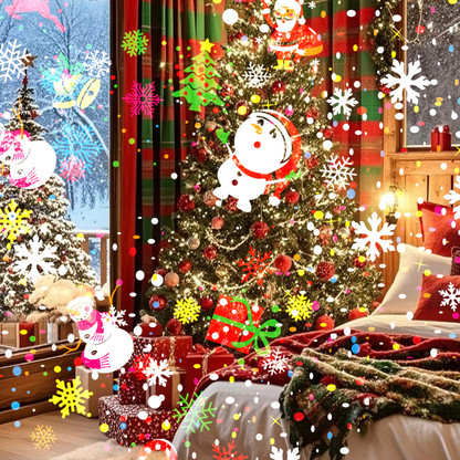 Rotating projector with LED lights creates a Christmas effect.